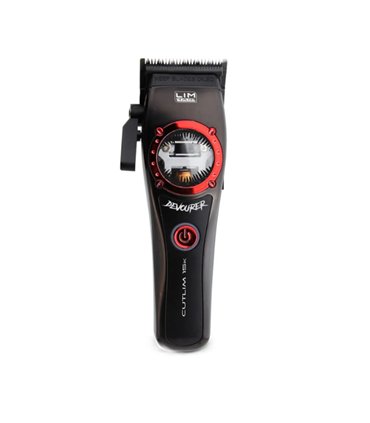 Black hair clipper with red accents and a transparent window.